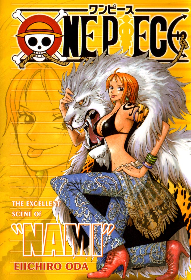 1girl artist bikini_top black_swimsuit boots bracelet character_name copyright_name cross-laced_footwear denim female full_body fur hand_on_hip high_heel_boots high_heels jeans jewelry lace-up_boots lion nami nami_(one_piece) oda_eiichiro oda_eiichirou official_art one_piece orange_hair pants pirate red_shoes shoes solo swimsuit tattoo tongue zoom_layer