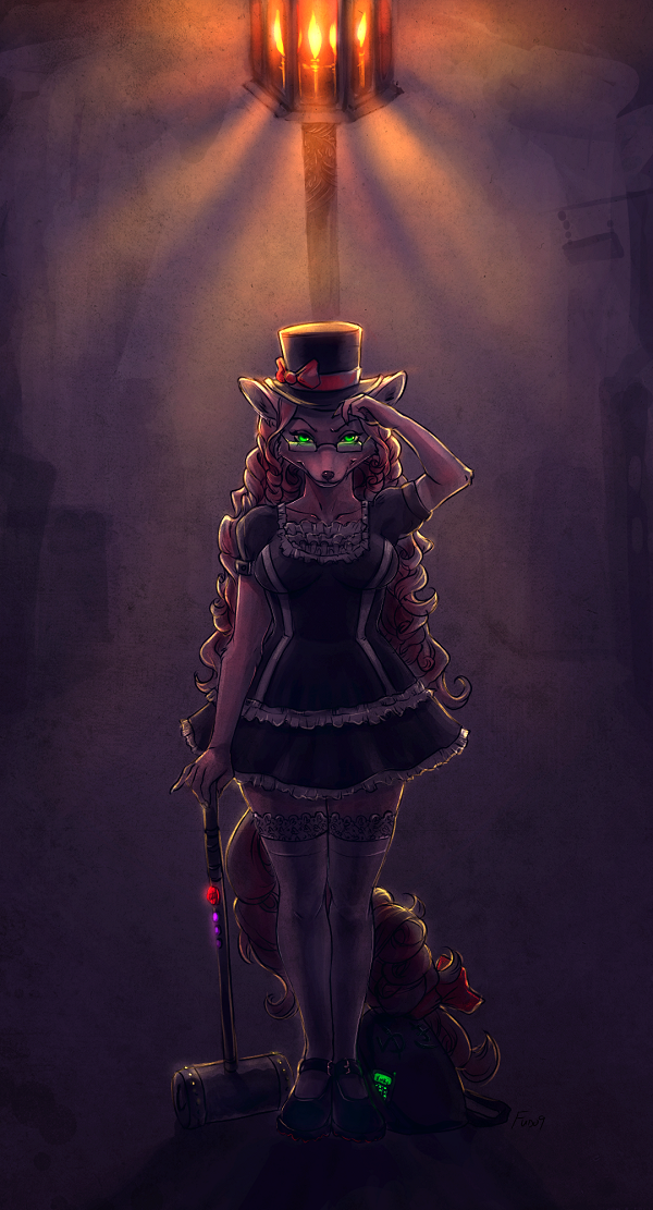 canine dress female fox fudchan glasses green_eyes hair hat light looking_at_viewer shoes solo standing stockings