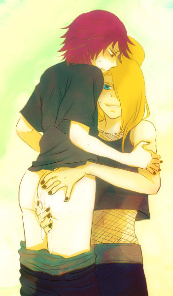 2boys ass blonde_hair deidara male male_focus melo1 multiple_boys naruto naruto_shippuuden pixiv_thumbnail red_hair resized sasori yaoi