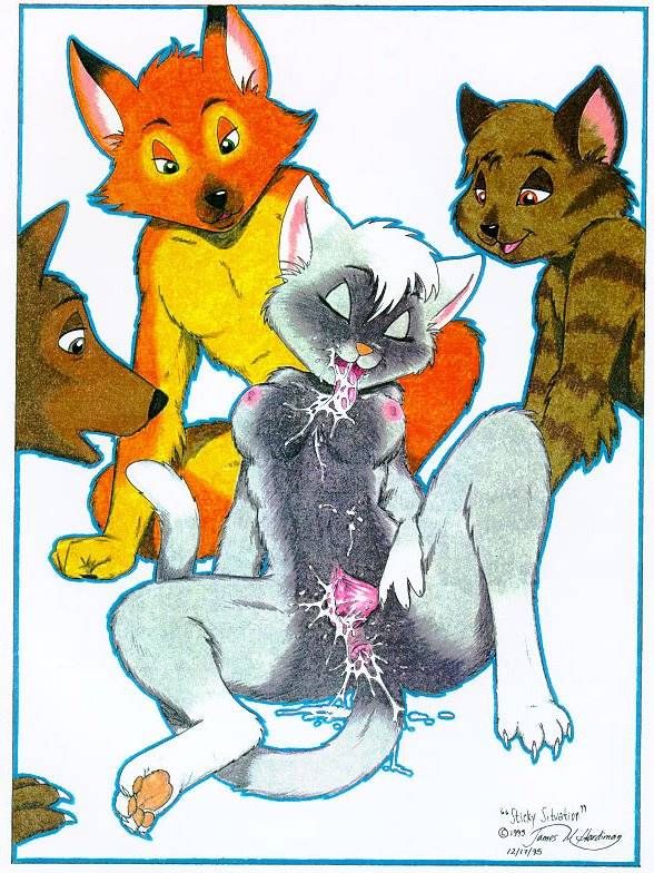 1995 after_sex aftermath anus black_nose breasts brown butt canine cat cum cum_in_ass cum_in_pussy cum_inside cum_on_breasts cum_on_tongue eyes_closed feline female foursome fox front_pussy grey james_m_hardiman labia labia_pull male messy milk nude open_mouth orange pearl_necklace pussy spread_legs spread_pussy spreading straight stripes tail tongue tongue_out white white_background yellow