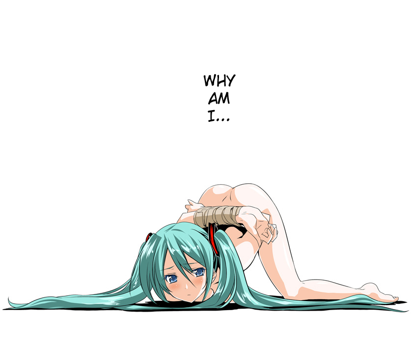 aqua_hair ass barefoot bdsm blue_eyes blush bondage bound female hands hard_translated hatsune_miku himura_kiseki long_hair nude simple_background solo submissive top-down_bottom-up translated twintails very_long_hair vocaloid white_background