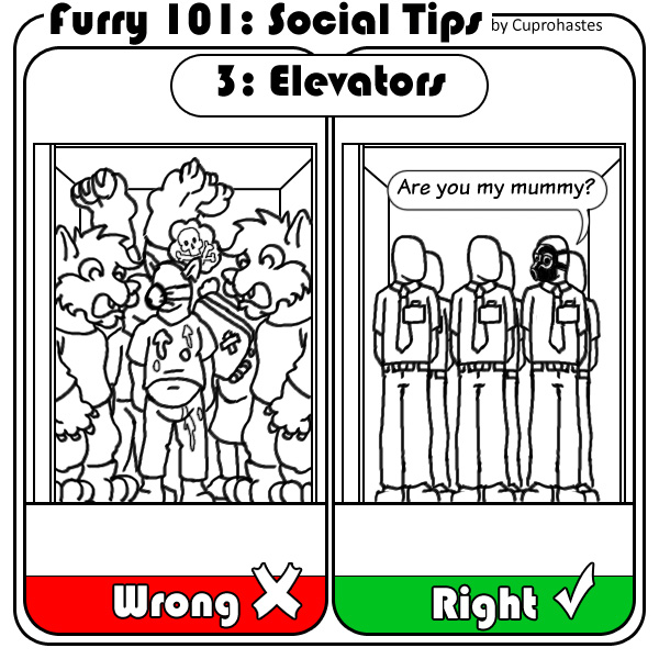 comic crowded cuprohastes elevator furry_lifestyle fursuit gas_mask line_art social_tips