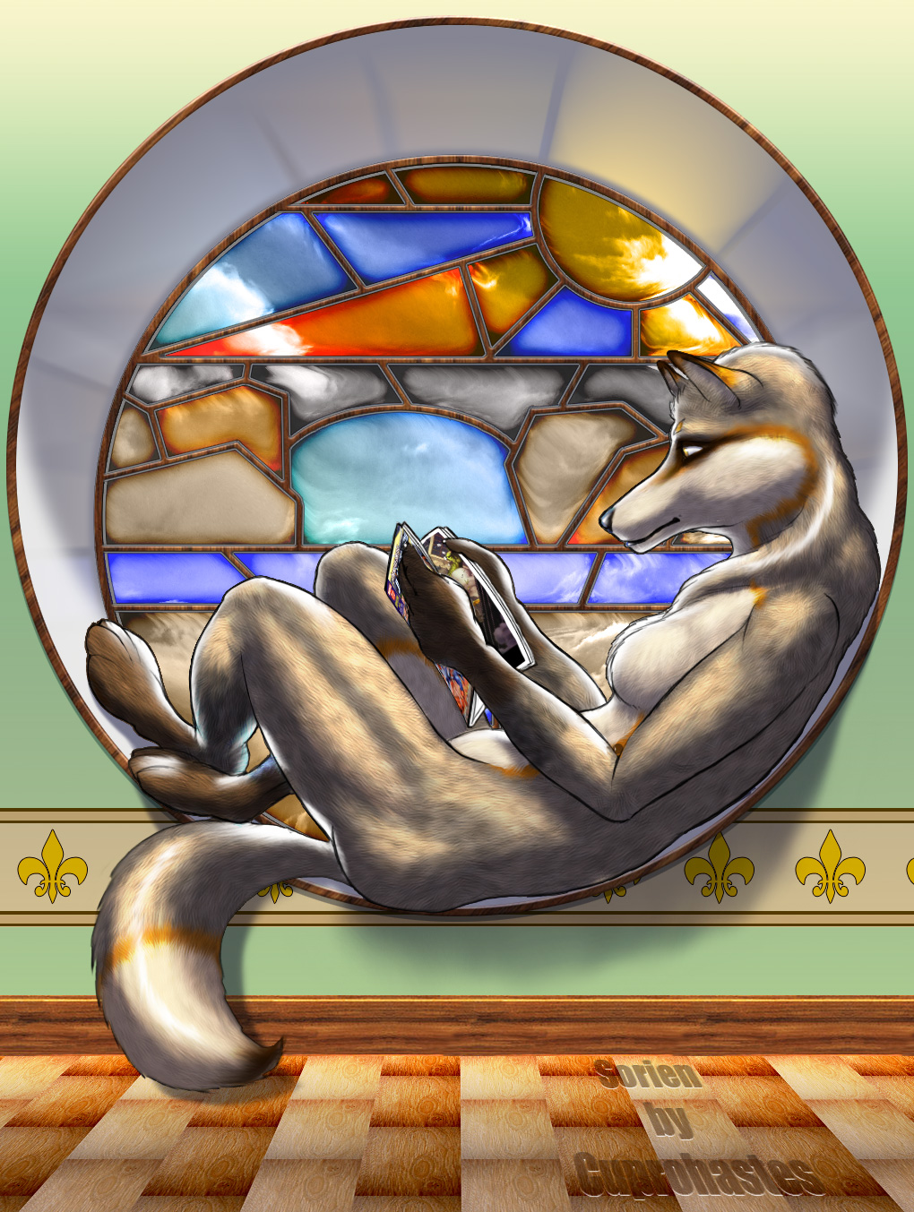 circle comic comics cuprohastes curled_up female nude reading solo sorien stained_glass window