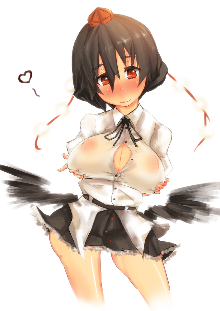 big_breasts black_hair blush breasts cleavage female hat heart huge_breasts large_breasts no_bra red_eyes rib:y(uhki) see-through see_through shameimaru_aya short_hair tokin_hat touhou wings