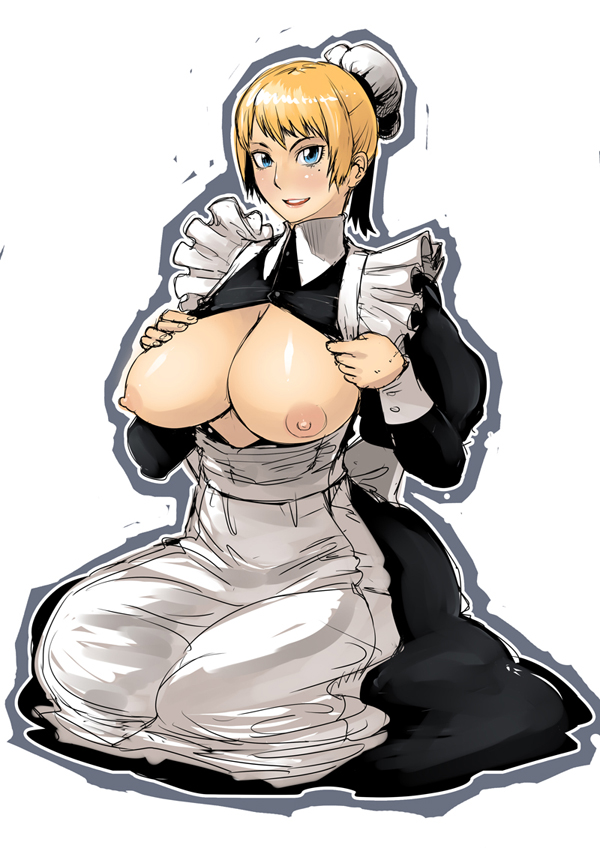 blonde_hair blue_eyes breasts breasts_outside bun_cover butcherboy cleavage hair_bun huge_breasts maid mole mole_under_eye nipples open_clothes original seiza sitting solo victorian_maid