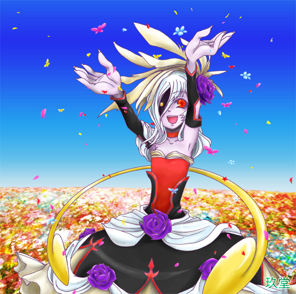 :d beatrice_(wild_arms) choker dress feathers flower garden heterochromia kudou_(wil0830s) long_hair open_mouth petals purple_skin red_eyes smile solo white_hair wild_arms wild_arms_3 yellow_eyes