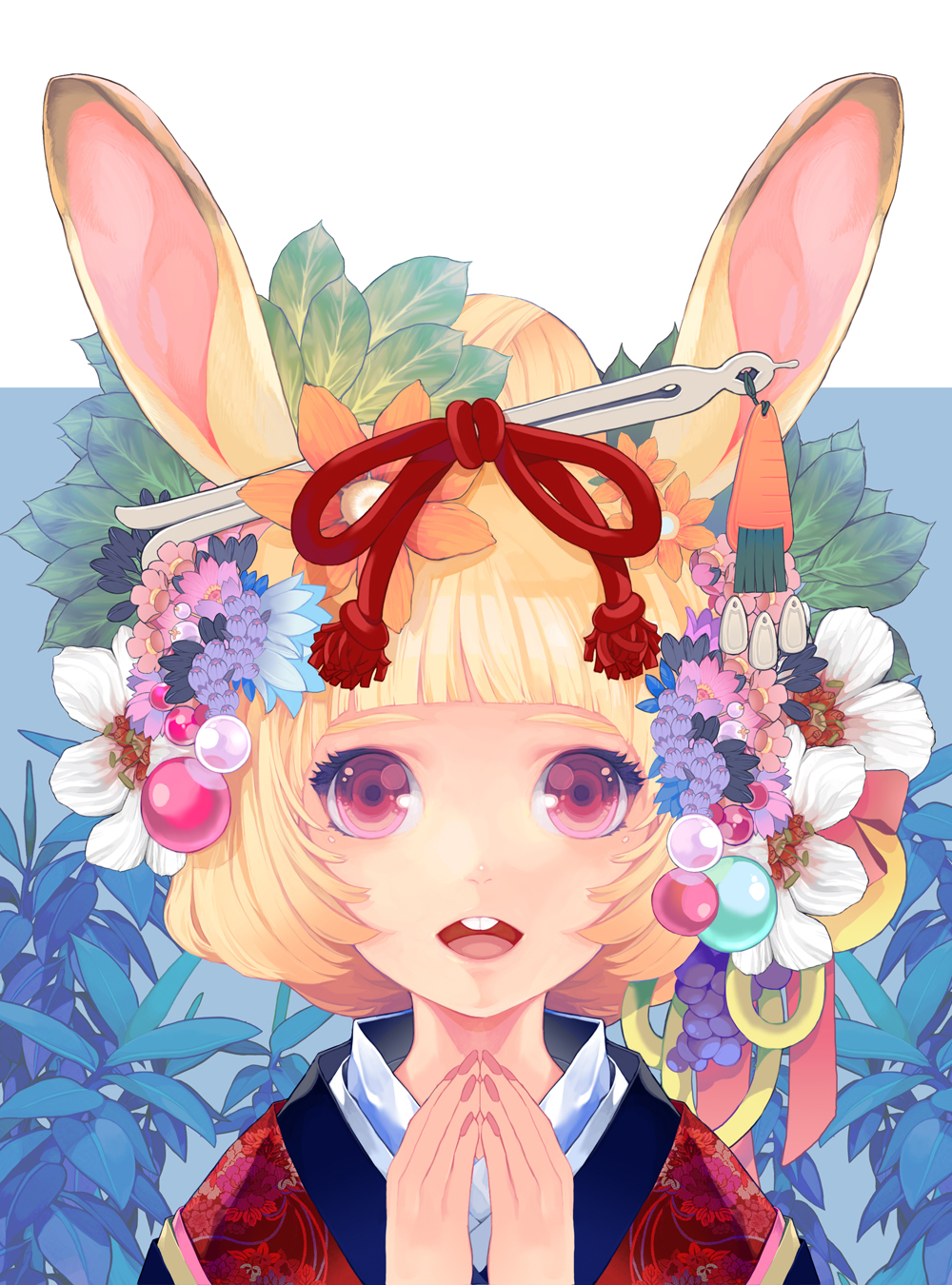 animal_ears bad_id bad_pixiv_id blonde_hair buck_teeth bunny_ears flower hair_bun hair_flower hair_ornament hands_together highres japanese_clothes kanzashi kimono open_mouth original own_hands_together red_eyes serenade_(sinohi) short_hair smile solo