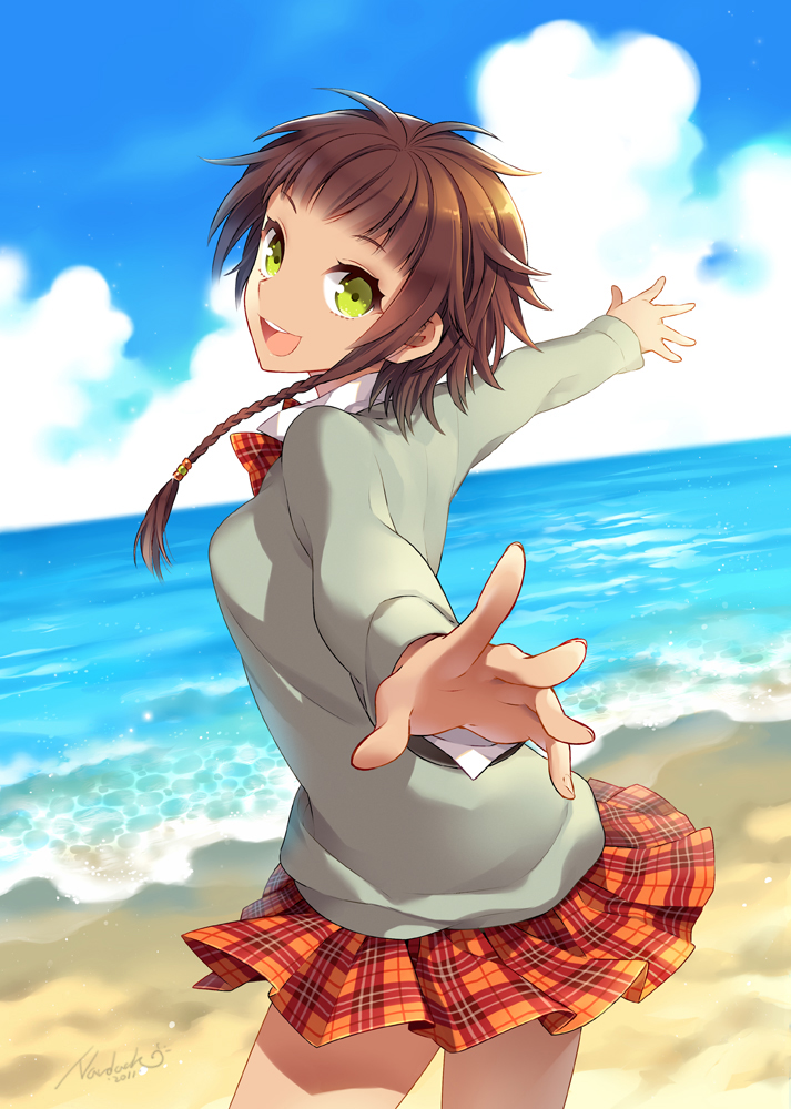 bad_id bad_pixiv_id beach blue_sky braid brown_hair cloud day foreshortening green_eyes nardack ocean open_mouth original outdoors outstretched_arms outstretched_hand perspective plaid plaid_skirt short_hair skirt sky solo spread_arms