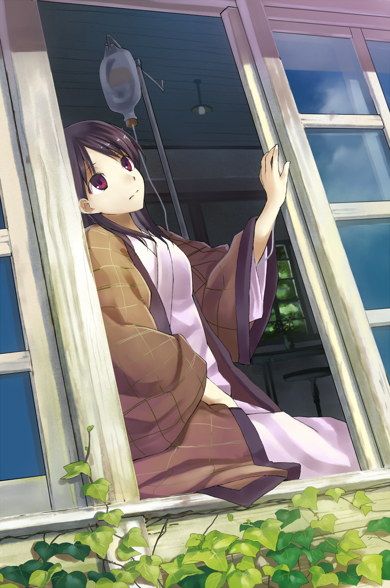 black_hair cloud day from_outside hidebo highres intravenous_drip ivy japanese_clothes looking_out_window original red_eyes reflection sitting sitting_in_window sky solo window windowsill