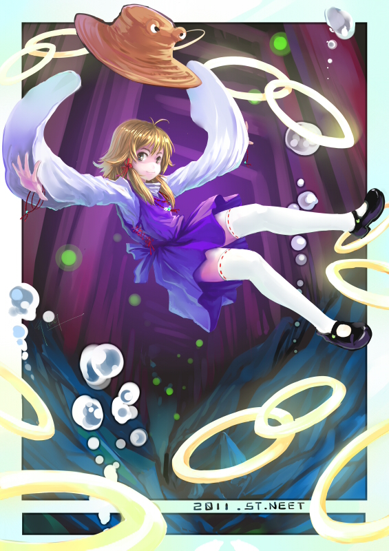 blonde_hair bubble hat hat_removed headwear_removed light_smile mary_janes moriya's_iron_rings moriya_suwako outstretched_arms shoes solo spread_arms st.neet thighhighs touhou underwater white_legwear