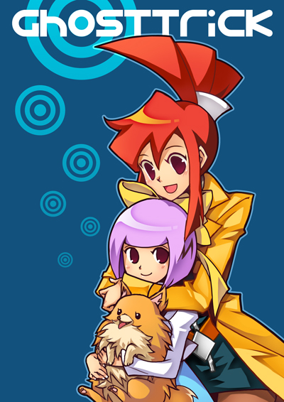 aria_(aria_chu) black_eyes dog ghost_trick kanon_(ghost_trick) lynne missile_(ghost_trick) multiple_girls open_mouth pantyhose pomeranian_(dog) purple_hair red_hair ribbon simple_background smile trench_coat