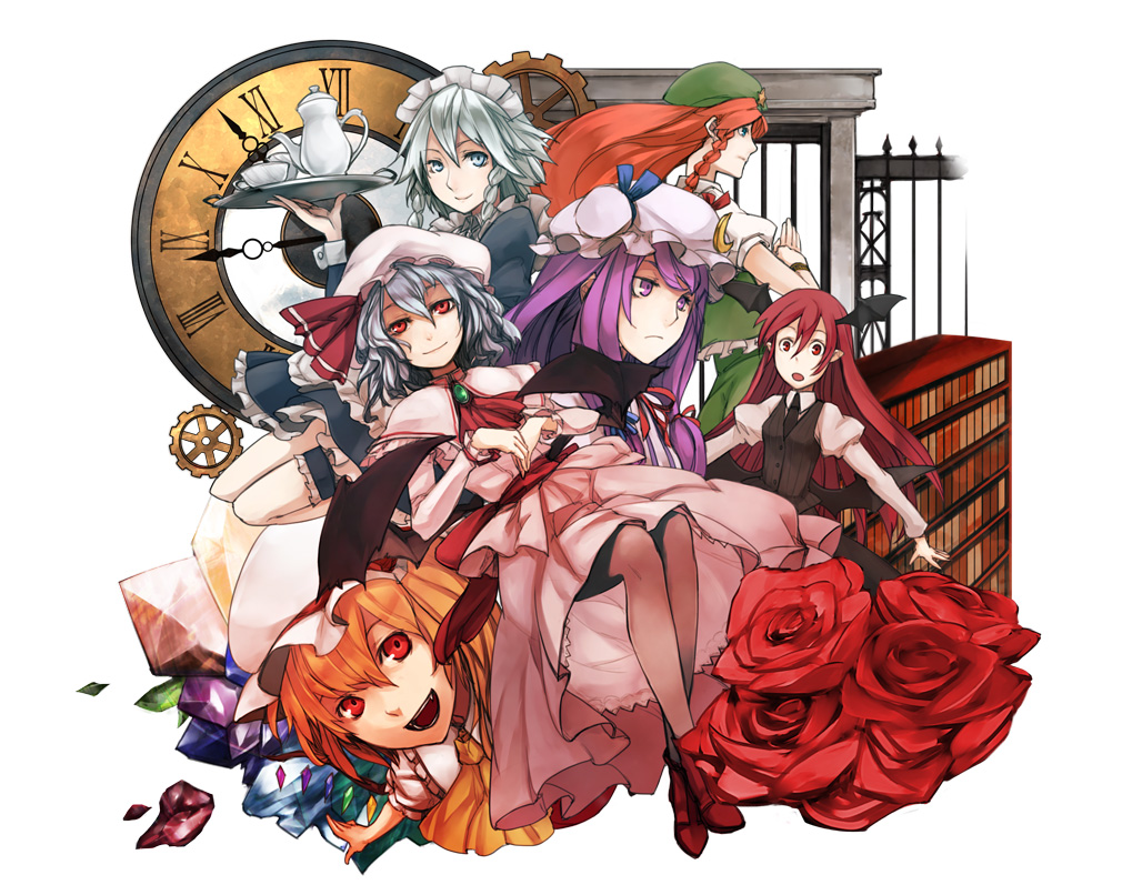 ascot bat_wings blonde_hair blue_eyes braid cup flandre_scarlet hat head_wings hong_meiling izayoi_sakuya koakuma long_hair maid maid_headdress multiple_girls patchouli_knowledge purple_eyes purple_hair red_eyes red_hair remilia_scarlet short_hair silver_hair teacup teapot the_embodiment_of_scarlet_devil totteri touhou twin_braids wings