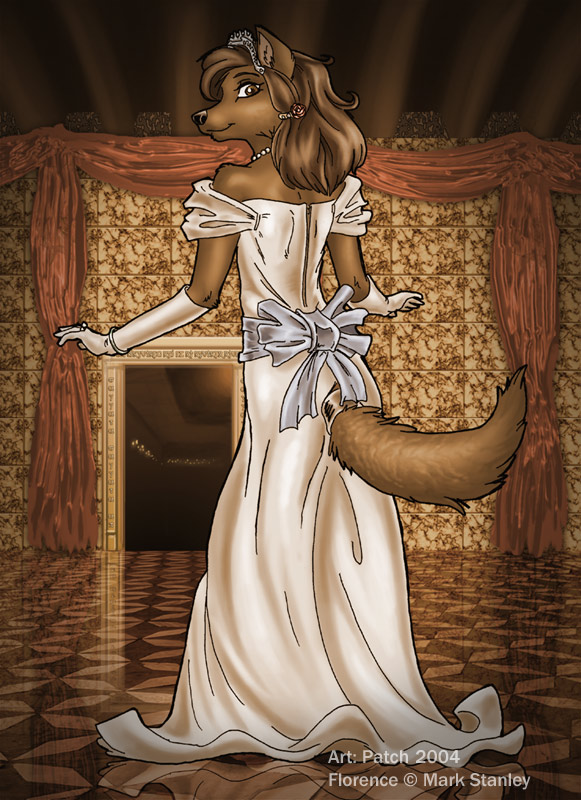 2004 anthony_sarkasuo bowmanswolf brown_hair canine crown dress female florence_ambrose freefall hair looking_at_viewer looking_back mammal necklace pearl_necklace ribbons solo wolf
