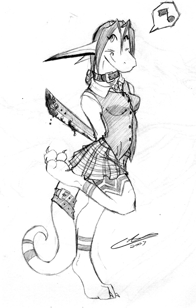 blood dragon dragon-chan fake_innocence female scalie schoolgirl sketch solo sword weapon