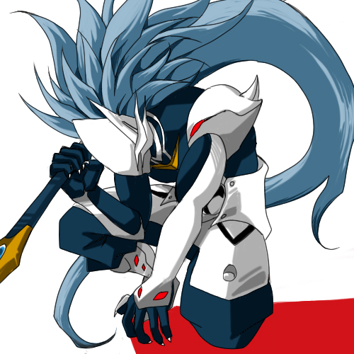 armor bad_id bad_pixiv_id blazblue blue_hair hakumen long_hair lowres male_focus mask one_knee solo sword weapon white_background