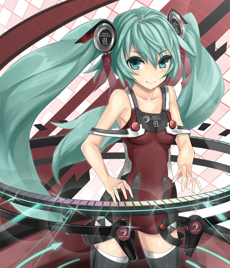 green_eyes green_hair hatsune_miku long_hair smile solo thighhighs twintails vocaloid yato
