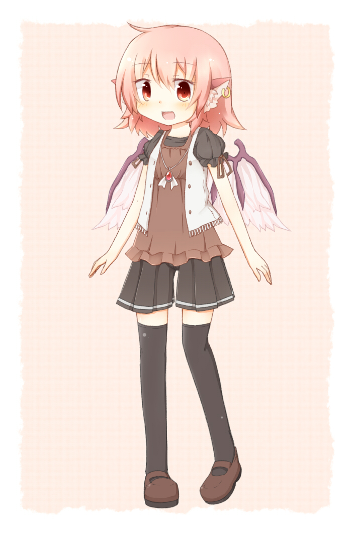 alternate_costume animal_ears bad_id bad_pixiv_id black_legwear casual earrings fuuen_(akagaminanoka) jewelry mary_janes mystia_lorelei necklace no_hat no_headwear pink_hair red_eyes shoes short_hair skirt solo standing thighhighs touhou wings zettai_ryouiki