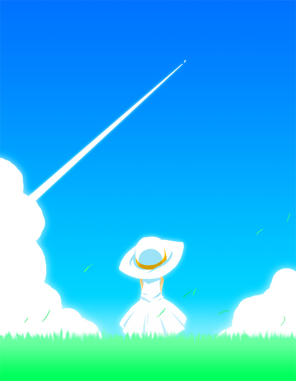 cloud condensation_trail d@i day dress from_behind grass hat original sky solo sun_hat white_dress wind