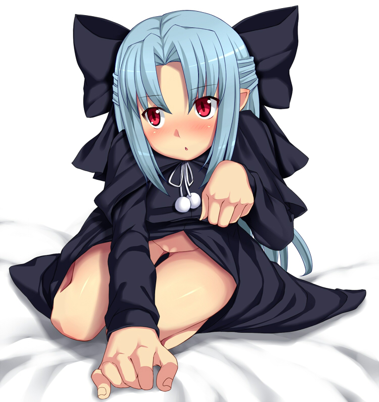 bad_id bad_pixiv_id bed black_dress blue_hair blush bow capelet dress dress_lift hair_bow half_updo koucha_(nodoka-123) len lifted_by_self no_panties paw_pose pointy_ears red_eyes ribbon solo tsukihime