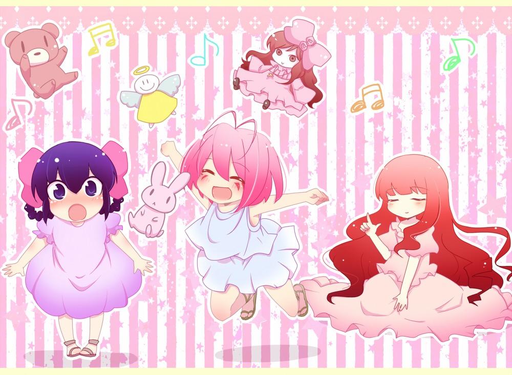 :d :o antenna_hair apollo_(kaminomi) ayukawa_tenri b_(kana0816) black_hair blue_eyes braid diana_(kaminomi) doll goddess hair_ornament kami_nomi_zo_shiru_sekai kujou_tsukiyo long_hair luna_(kaminomi) multiple_girls nakagawa_kanon open_mouth pink_hair siblings sisters smile vulcanus_(kaminomi)