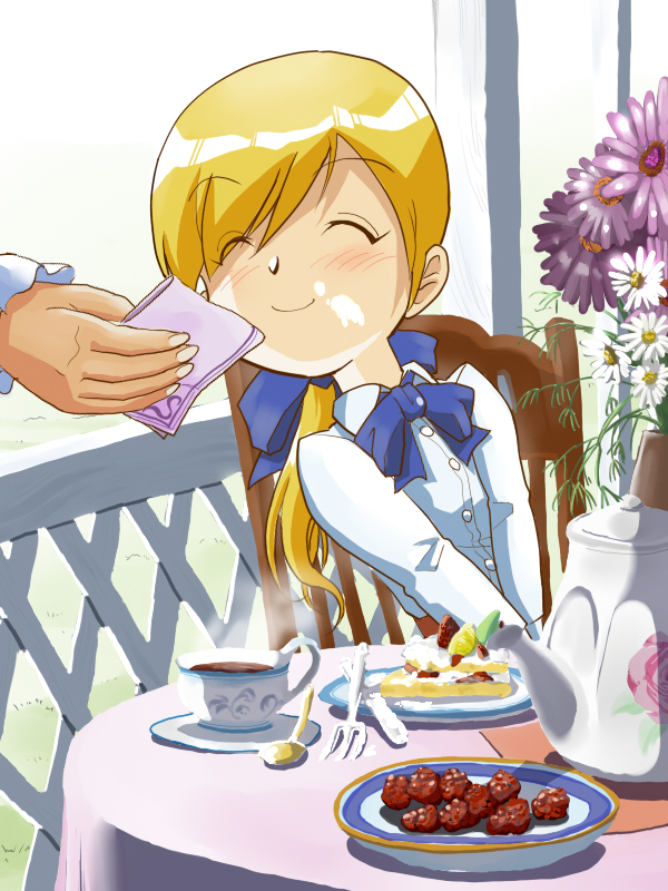 blonde_hair bow cake chair closed_eyes cream cup dish flower food food_on_face fork hair_bow hair_ribbon handkerchief hands inui_(jt1116) original ribbon sitting smile solo spoon steam sweets teacup teapot wiping_face witch