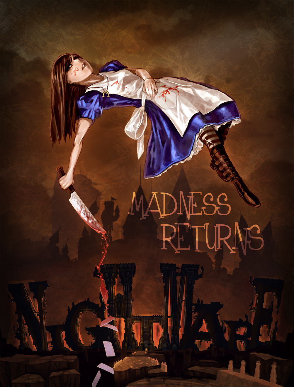 alice:_madness_returns alice_(wonderland) alice_in_wonderland apron blood blood_stain bloody_clothes boots bow brown_hair card dress falling_card ferudenan highres jewelry knife long_hair necklace pantyhose solo striped striped_legwear