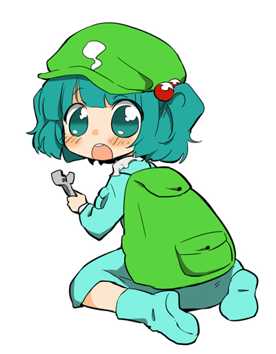 backpack bad_id bad_pixiv_id bag blue_dress blue_eyes blue_hair blush chibi dress hair_bobbles hair_ornament hat ica kawashiro_nitori looking_back open_mouth sitting solo tools touhou two_side_up wariza wrench