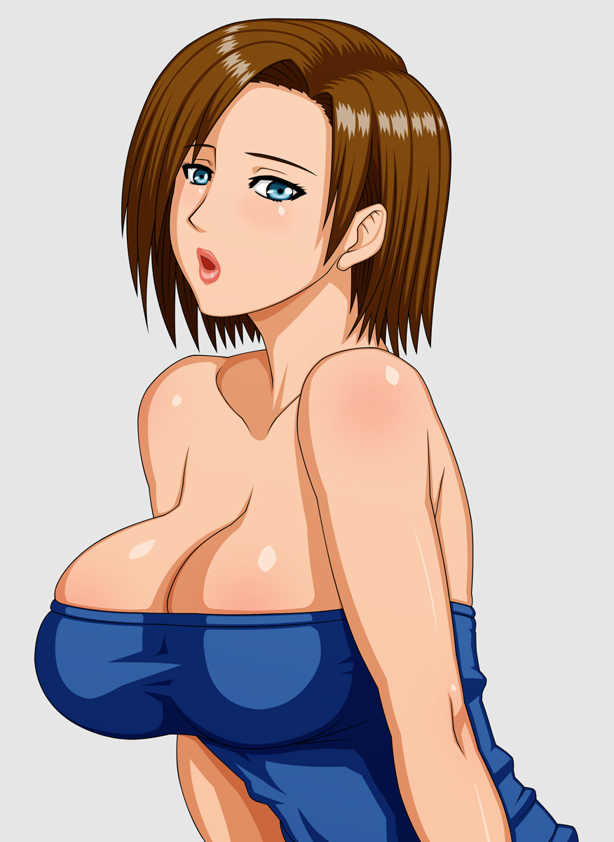 bare_shoulders blue_eyes blush body_blush breasts brown_hair cleavage female highres jill_valentine large_breasts makani_kohitujito resident_evil resident_evil_3 short_hair simple_background solo strapless tubetop
