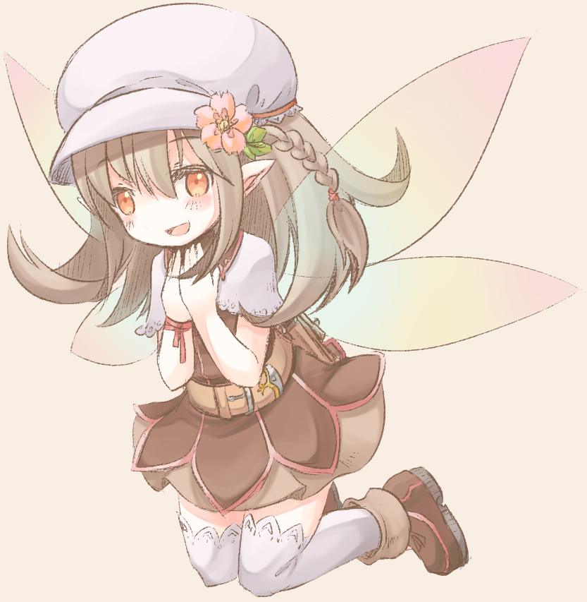 :d bad_id bad_pixiv_id belt blush braid brown_hair fairy_wings flower hair_flower hair_ornament hands_on_own_chest hat i_sanno kneeling long_hair open_mouth orange_eyes pixiv_fantasia pixiv_fantasia_5 pointy_ears smile solo thighhighs wings