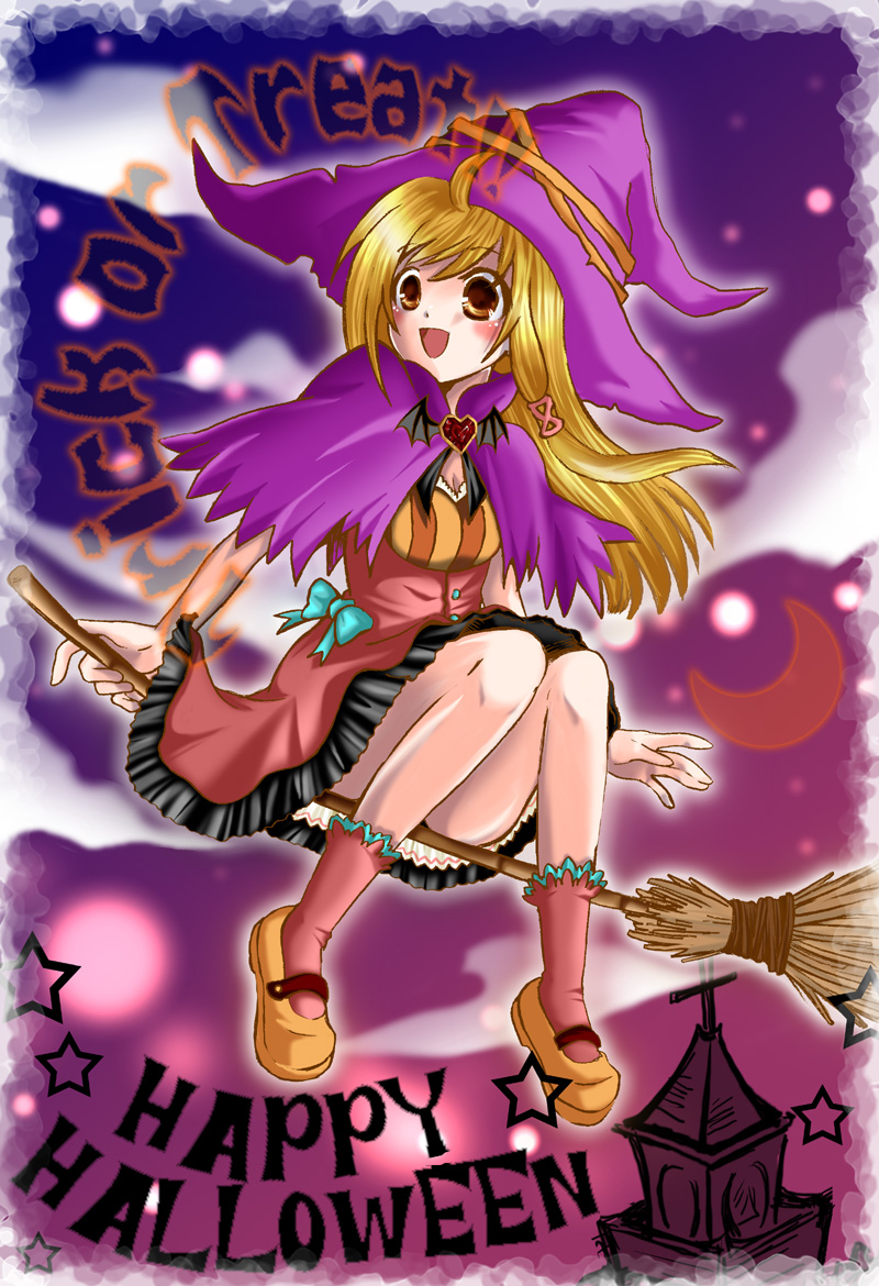 ahoge aura_(wild_arms) bat_wings blonde_hair blush bow broom brown_eyes cocopazu dress frilled_legwear full_body hair_ornament hairpin halloween happy happy_halloween hat heart jewelry moon night open_mouth purple_background ribbon shoes sidelocks socks solo trick_or_treat wild_arms wild_arms_1 wings witch witch_hat