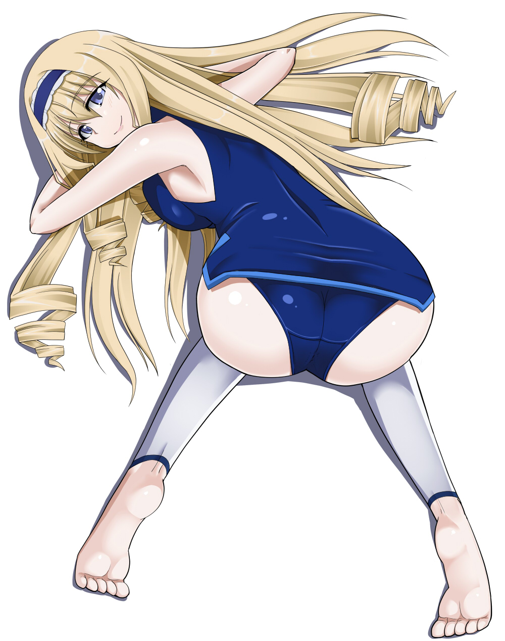 ao_(time-leap) ass bad_id bad_pixiv_id barefoot blonde_hair blue_eyes bodysuit cecilia_alcott drill_hair feet hairband highres infinite_stratos long_hair pilot_suit presenting smile solo