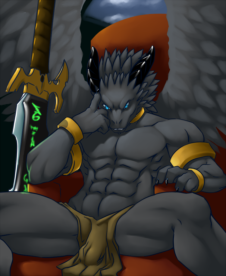bulge claws dragon faint horns loincloth looking_at_viewer male muscles scalie solo sword topless underwear weapon