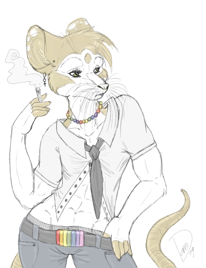 danni fareme female goldenfox man's_shirt open_shirt rainbow_colors rat rodent smoking solo standing tie