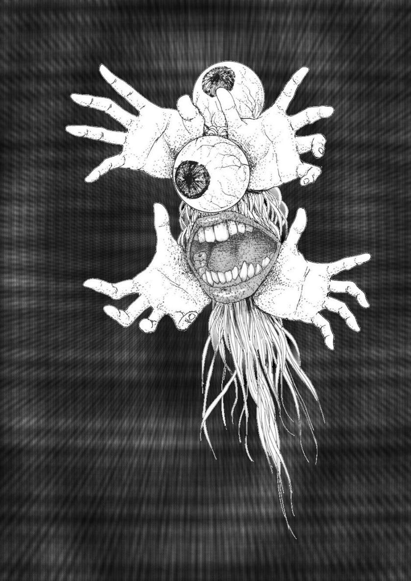 bin_(pixiv_4387) creature eyes hands monochrome mouth open_mouth teeth traditional_media what