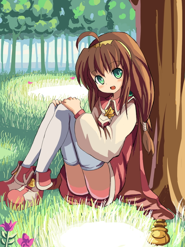 ahoge brown_hair cape full_body grass green_eyes hairband hakkotsu_shitai hands_on_own_knees jewelry lilka_eleniak long_hair long_sleeves looking_at_viewer low-tied_long_hair open_mouth red_cape shoes sitting skirt smile solo thighhighs tree wild_arms wild_arms_2 yellow_hairband