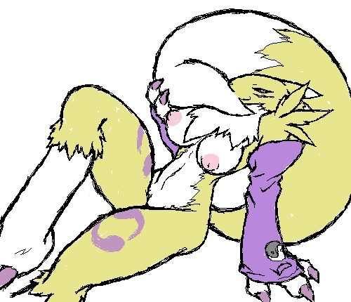 breasts canine digimon female fox gloves green_eyes looking_at_viewer mutabouru renamon sitting solo tail yellow