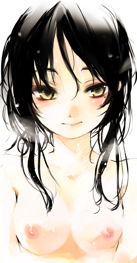 black_hair blush breasts copyright_request face large_breasts mole nipples nude shunsei_(muratou) solo wet yellow_eyes