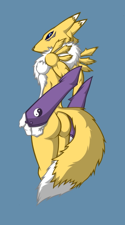 back blue_eyes canine claws digimon female fox gloves looking_at_viewer over_the_shoulder renamon soft solo standing tail unknown_artist yellow