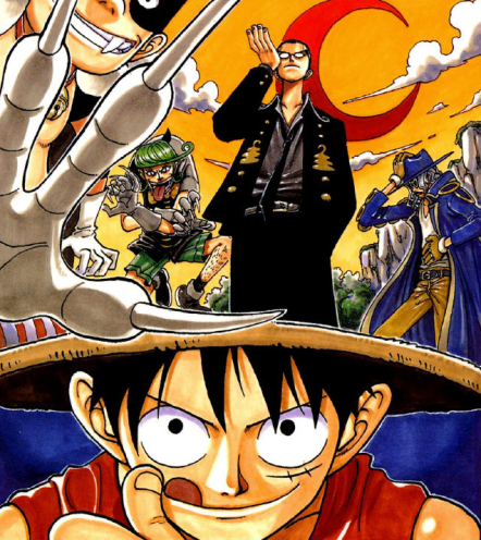 5boys :p adjusting_glasses anime bell black_hair black_necktie captain_kuro claws cover crescent_moon east_blue glasses green_hair hand_on_hat hand_on_headwear hat jango kuro lowres male male_focus monkey_d_luffy moon multiple_boys necktie oda_eiichiro oda_eiichirou official_art one_piece scar straw_hat sunglasses tongue tongue_out volume_cover