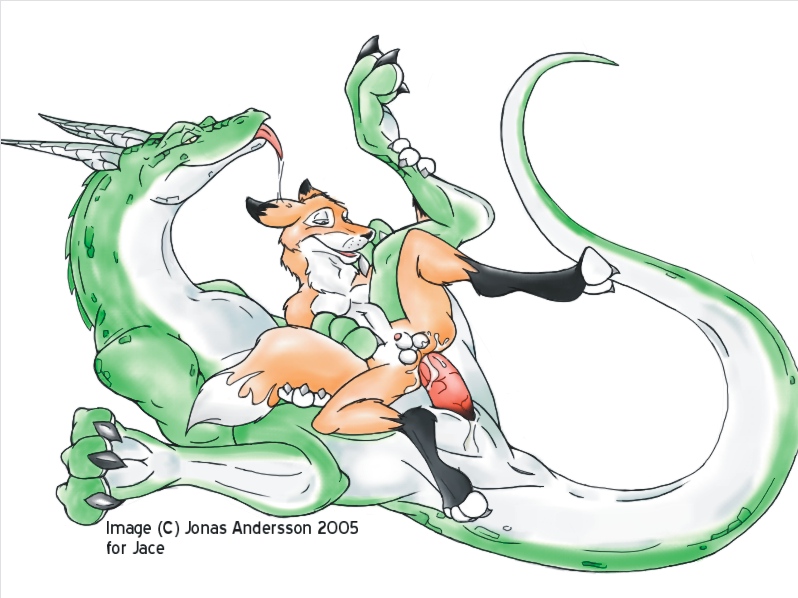 2005 anal anal_penetration anthro anthro_bestiality canine canine_penis dragon feral flaccid fox gay interspecies jonas_andersson male penetration scalie size_difference