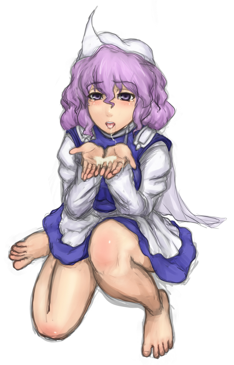after_fellatio barefoot blush cum cum_in_hands cum_in_mouth cupping_hands face feet hands highres kneeling kuro_suto_sukii legs letty_whiterock long_hair purple_eyes purple_hair solo tears touhou