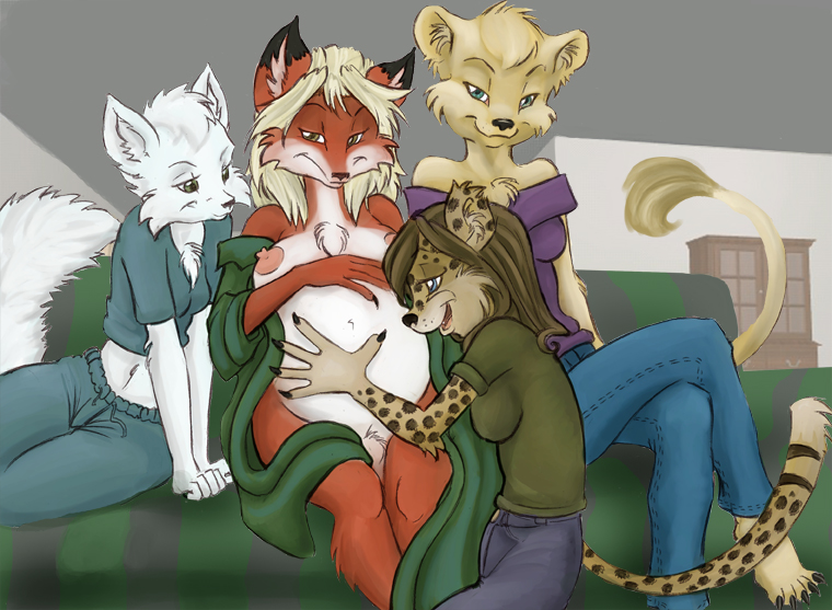 belly_grab canine cheetah chest_tuft clothed feline female fox group lazzydragon lion nude pregnant sofa