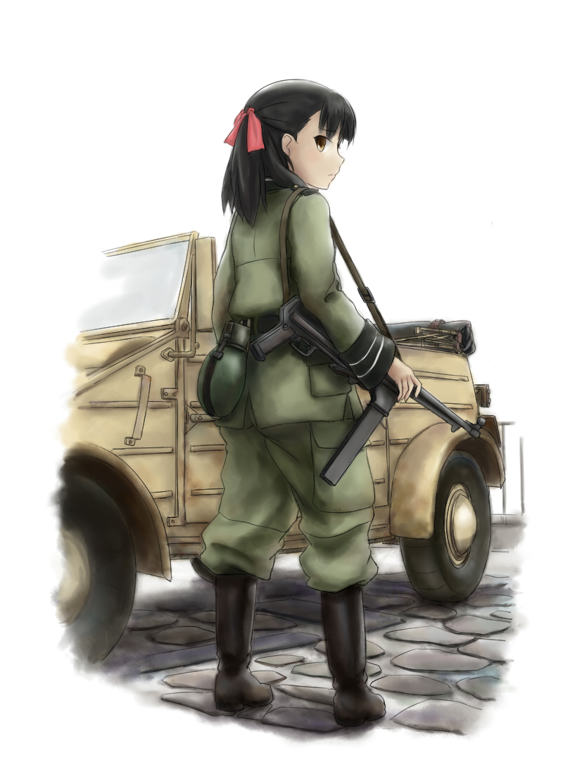 black_hair boots brown_eyes gun hair_ribbon helvetian_military_uniform military military_uniform mp40 ribbon solo sora_no_woto submachine_gun suminoya_kureha uniform volkswagen w_k_z167 weapon