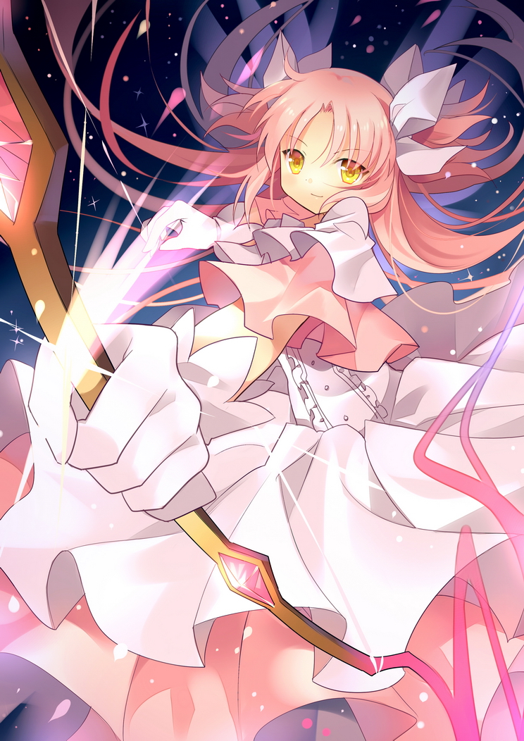 aiming bow_(weapon) foreshortening gloves kaname_madoka long_hair magical_girl mahou_shoujo_madoka_magica pink_hair rie_(reverie) smile solo space sparkle spoilers two_side_up ultimate_madoka weapon white_gloves yellow_eyes