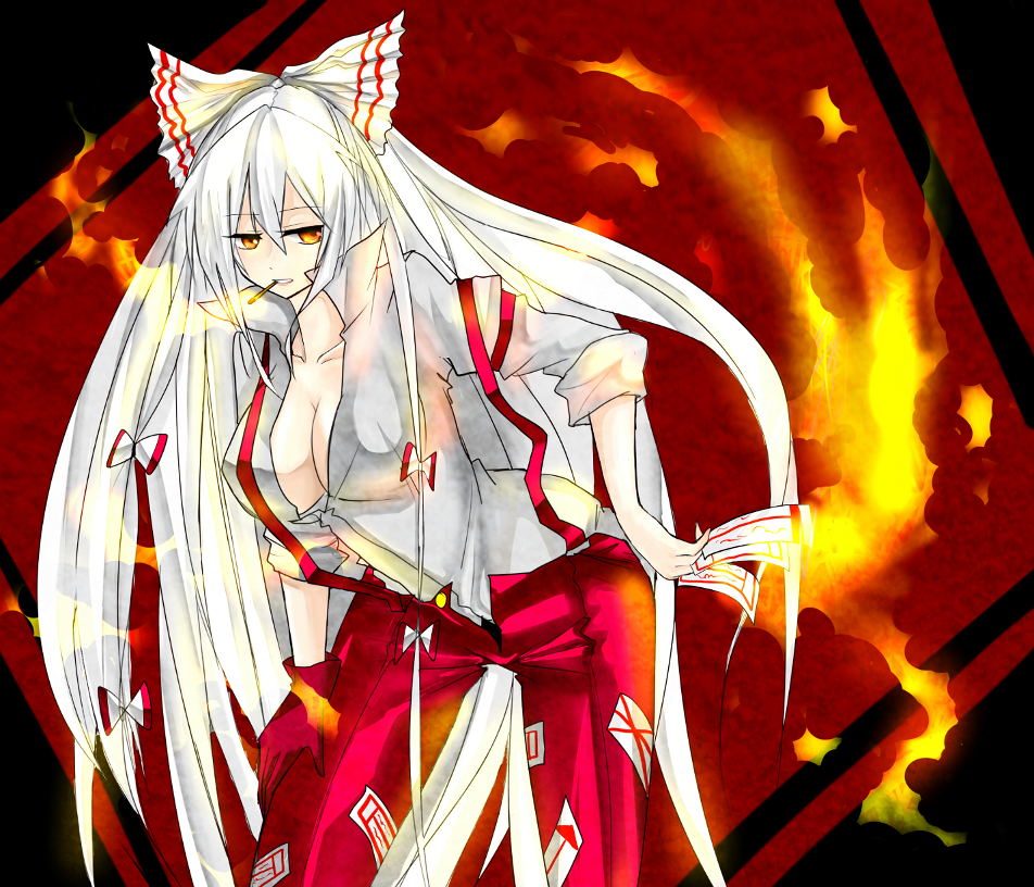 bad_id bad_pixiv_id bangs bent_over bow breasts cleavage dress_shirt fiery_background fire fujiwara_no_mokou gloves hair_bow hand_on_thigh large_breasts long_hair no_bra ofuda open_fly pants popped_collar shirt single_glove sleeves_rolled_up sm0911 smoking solo straight_hair suspenders touhou unzipped very_long_hair white_hair yellow_eyes