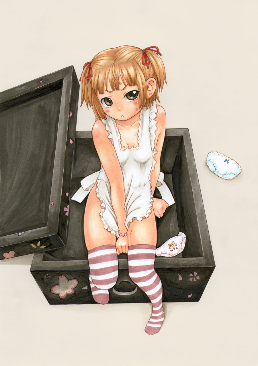 apron bad_id bad_pixiv_id bakushunka box brown_eyes brown_hair hair_ribbon highres in_box in_container marker_(medium) marui_mitsuba mitsudomoe naked_apron panties ribbon short_twintails solo striped striped_legwear thighhighs traditional_media twintails underwear