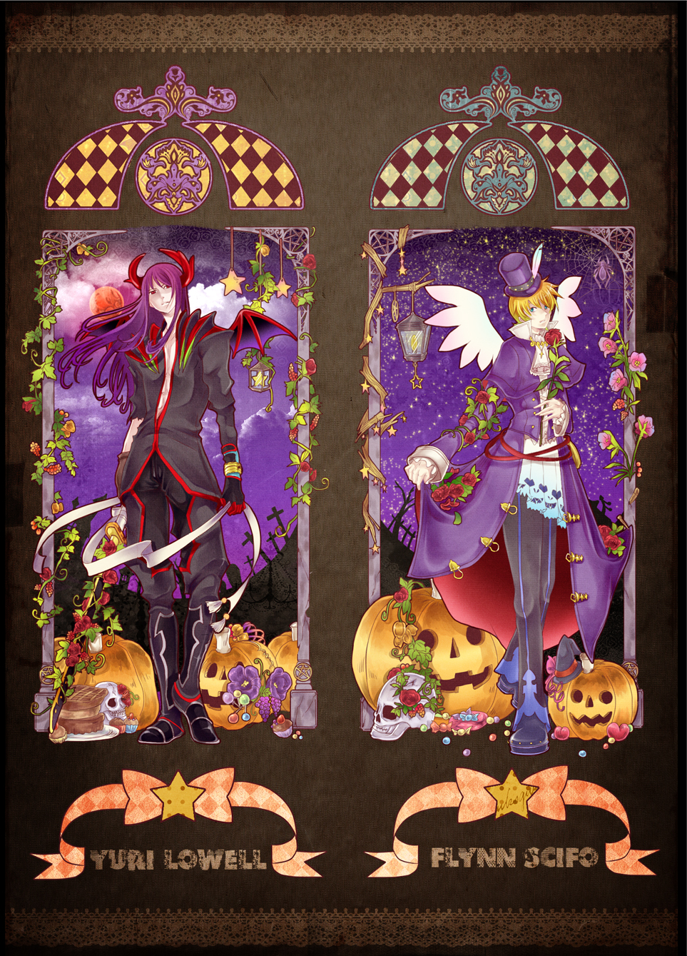 alternate_costume art_nouveau bat_wings berries blonde_hair blue_eyes boots bow bracelet candy cloud coat collar cosplay cross feathers flower flynn_scifo food frederic_chopin frederic_chopin_(cosplay) frown gloves halloween hat highres horns jewelry long_hair moon multiple_boys night open_clothes open_shirt pants pumpkin purple_hair red_eyes red_flower red_moon red_rose rose shawl shirt skull sky star star_(sky) starry_sky tales_of_(series) tales_of_vesperia top_hat trusty_bell wings yuri_lowell znc