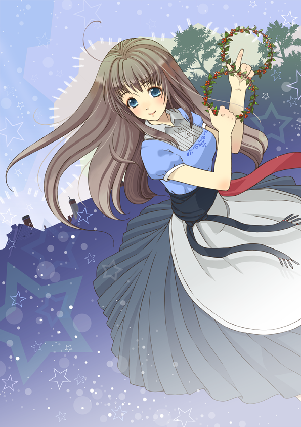 ahoge apron bad_id bad_pixiv_id blue_eyes blush buttons chimney dual_wielding dutch_angle floating_hair fringe_trim from_side gradient grey_hair holding holly house light_smile long_hair long_skirt looking_at_viewer original outdoors pleated_skirt puffy_short_sleeves puffy_sleeves sala sash shirt short_sleeves skirt sky smile snow solo standing star tree waist_apron wing_collar wreath