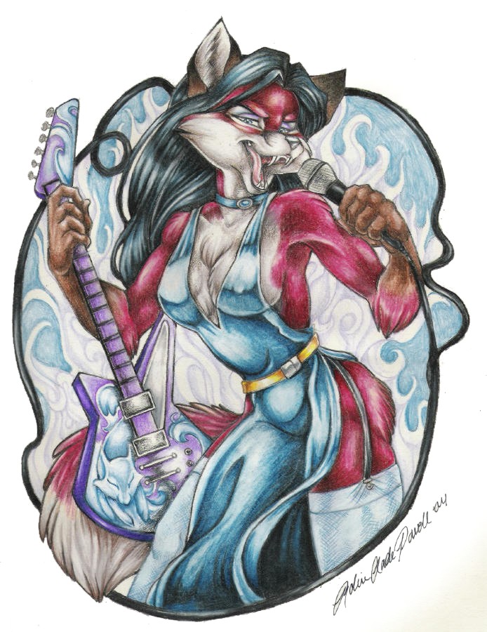 canine cassie_the_rock_vixen dress fangs female fox guitar microphone shadowraine singing solo stockings