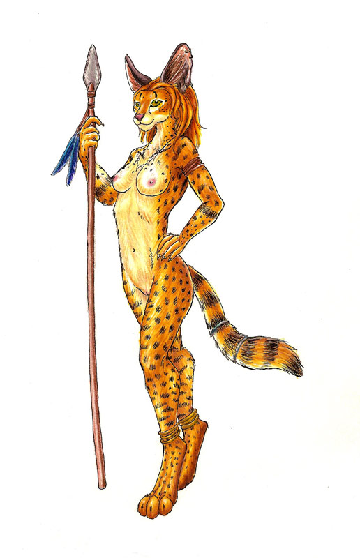 anklet breasts chewtoy claws digitigrade ear_piercing earring feathers female green_eyes hunter navel necklace nipples nude orange orange_hair piercing polearm pussy serval solo spear spots standing tail tribal weapon